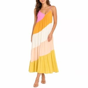 Stile Collection Rainbow Stripe Maxi Dress L Multi Colorblock Tiered Boho